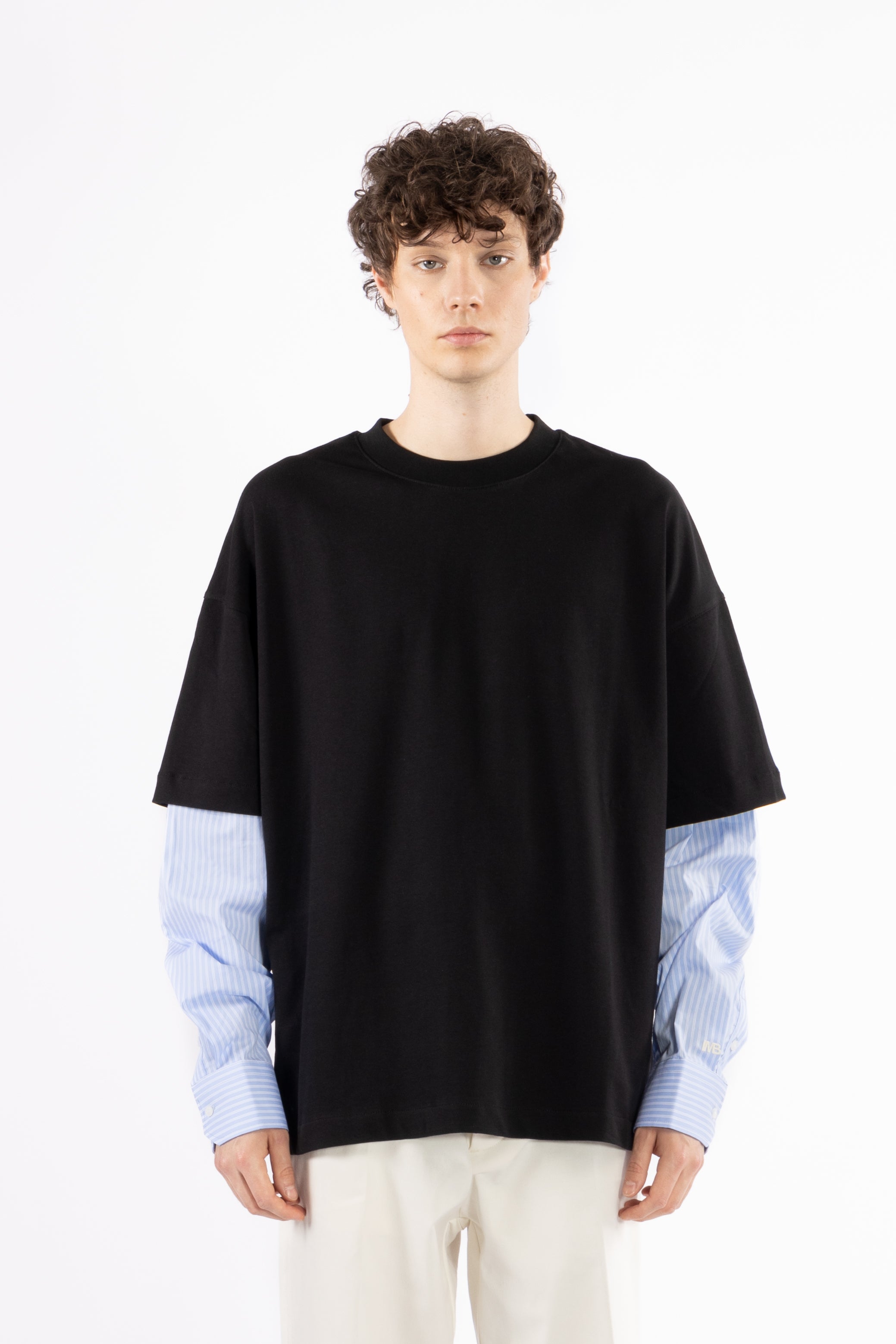 T-shirt in cotone doppia manica camicia - Nero