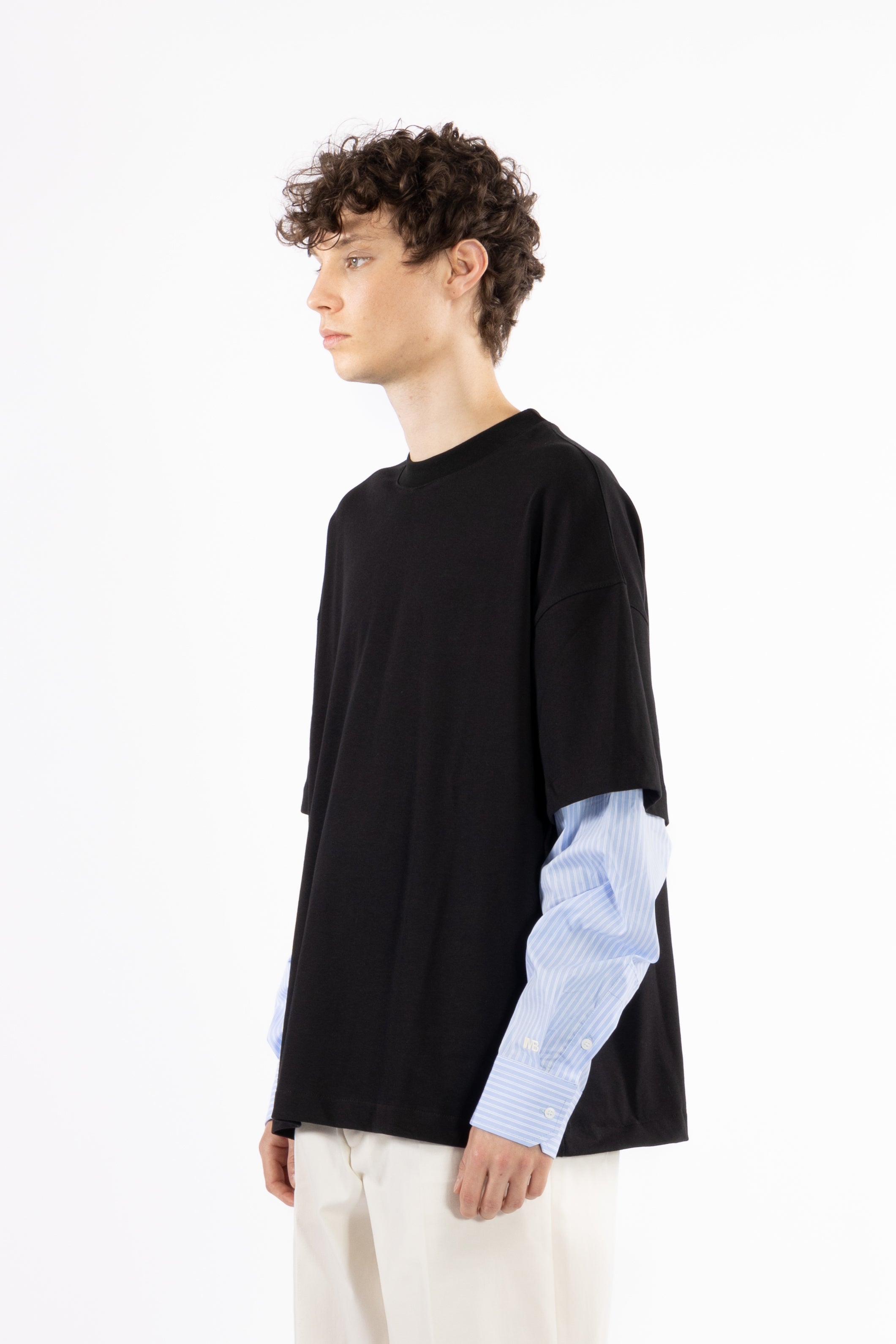 T-shirt in cotone doppia manica camicia - Nero