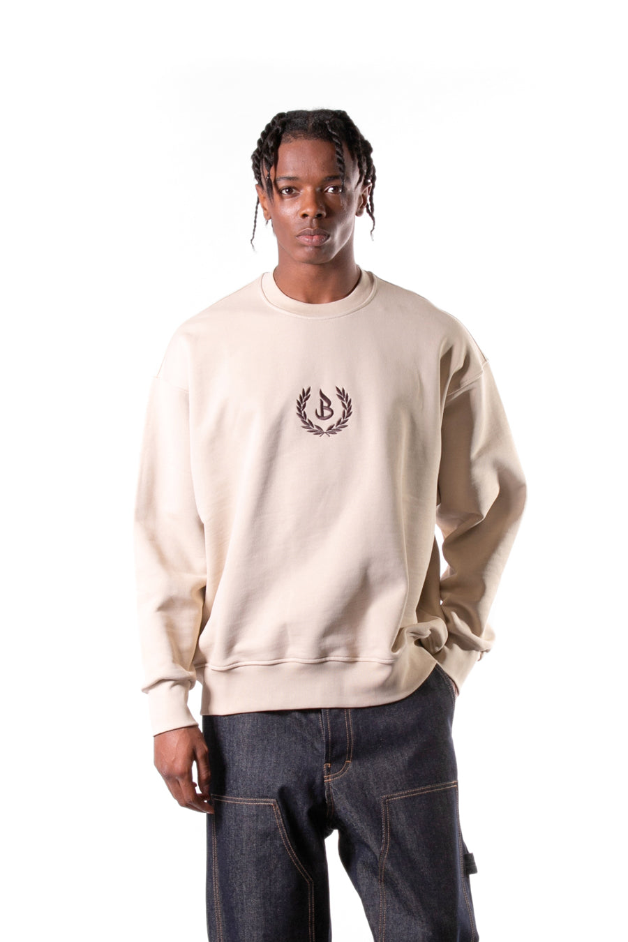 Oversized crewneck sweatshirt in 370g heavy cotton with embroidery - Beige