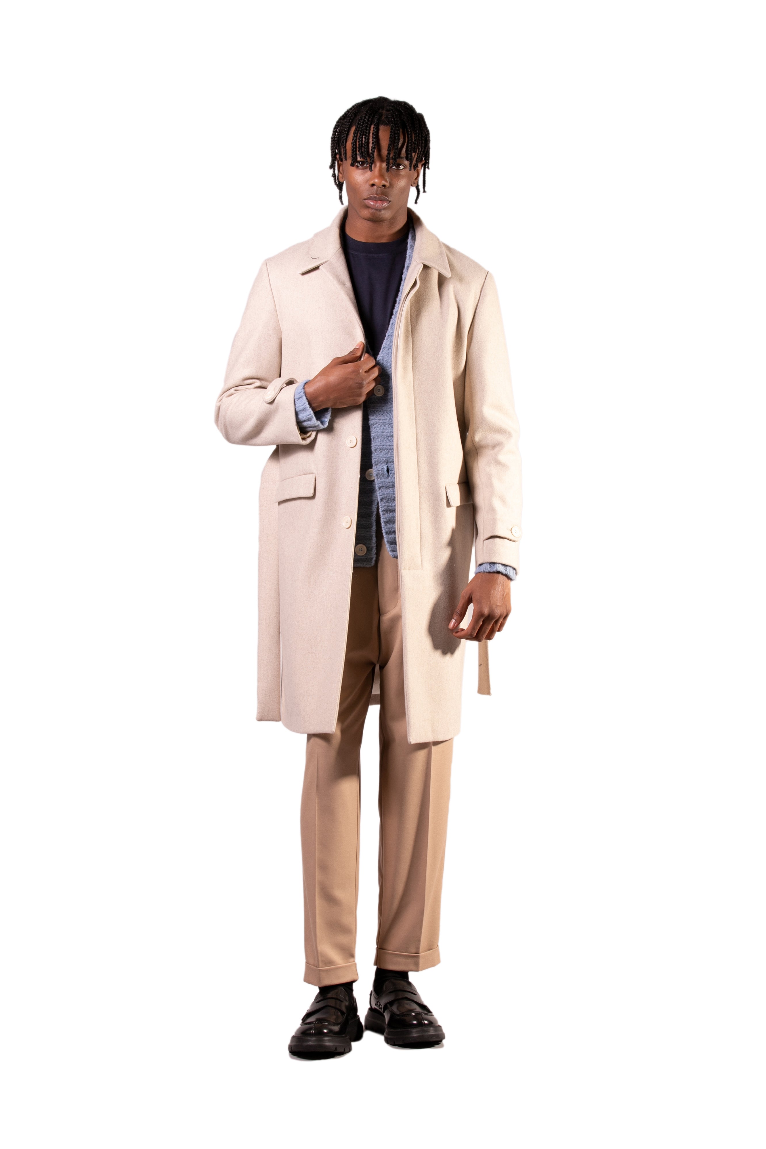 Single-Breasted Wool Blend Coat - Beige