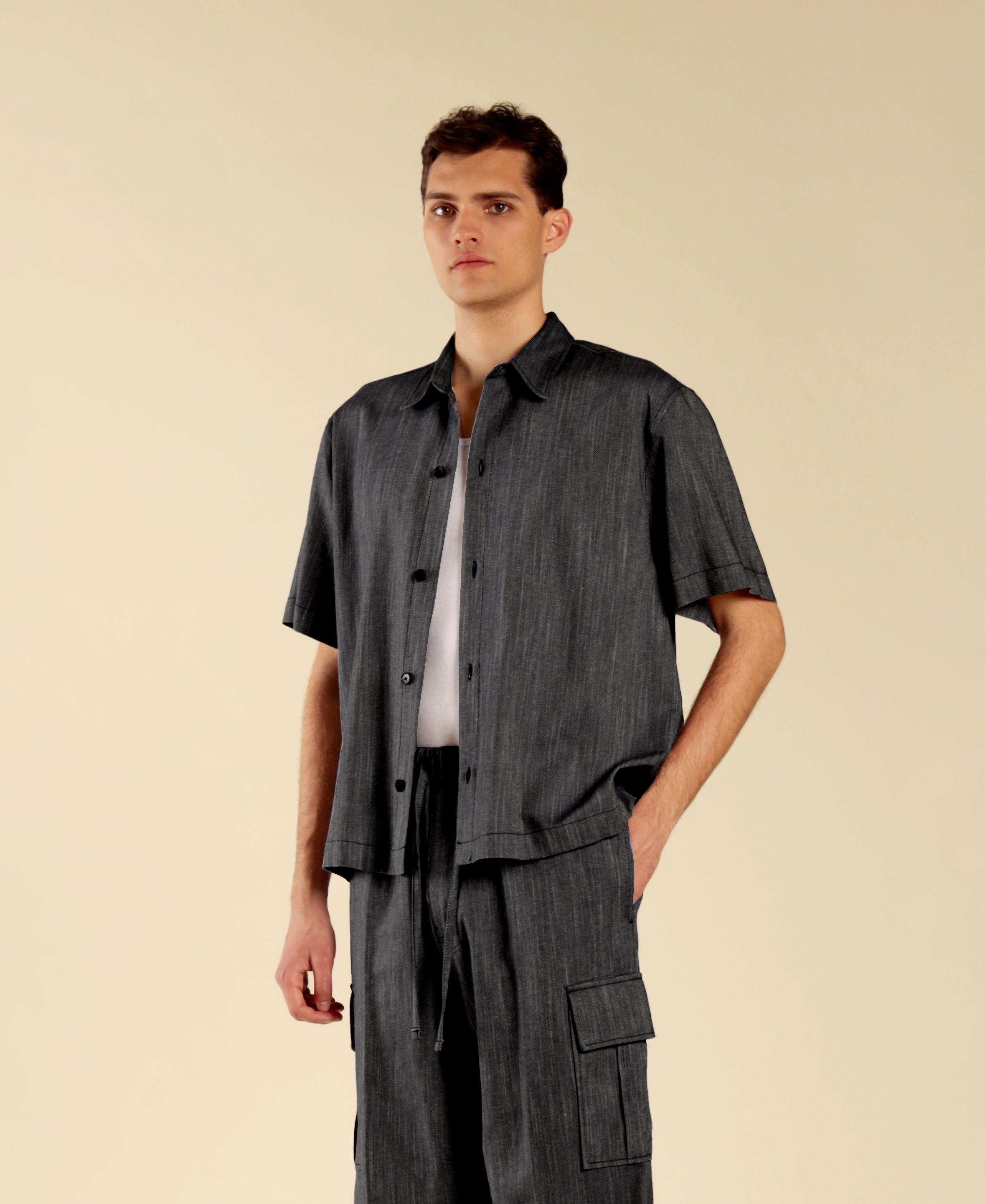 Denim-Effect Cotton Linen Bermuda Shorts - Black