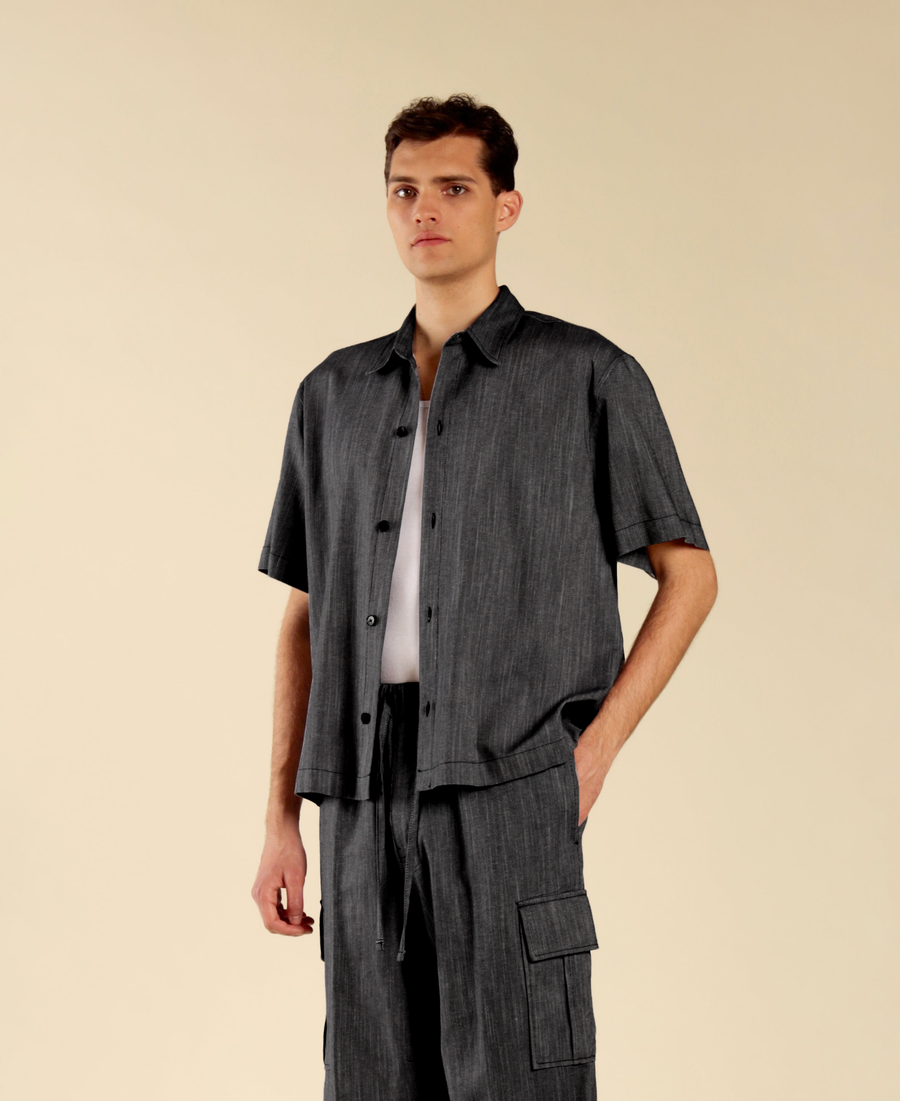 Bermuda in cotone lino effetto denim - Nero