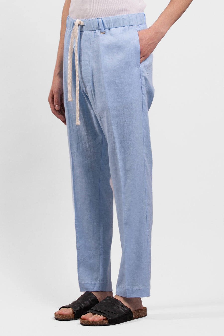 Pantalone con laccio in lino e viscosa - Celeste