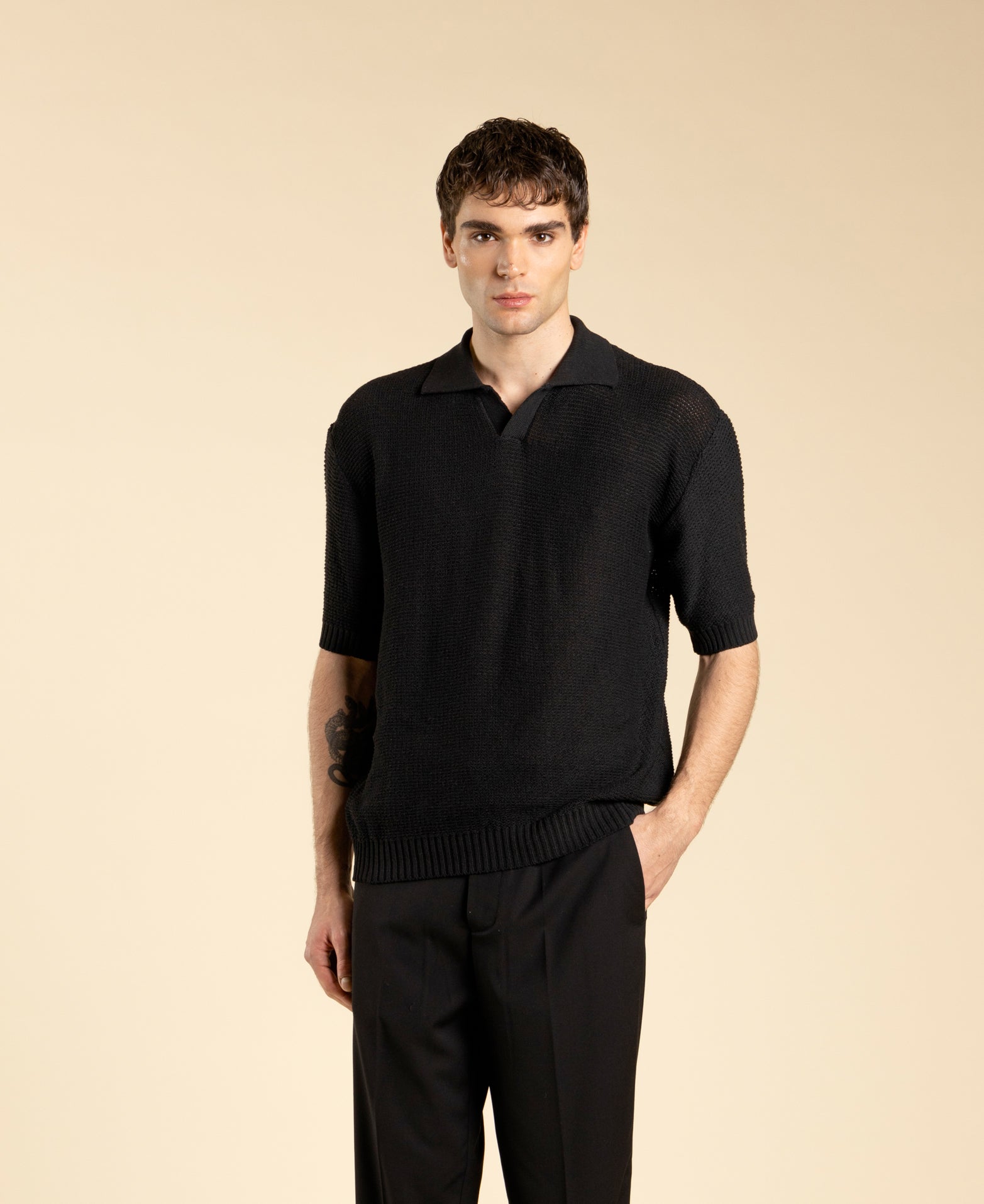 Regular-fit knitted polo shirt - Black