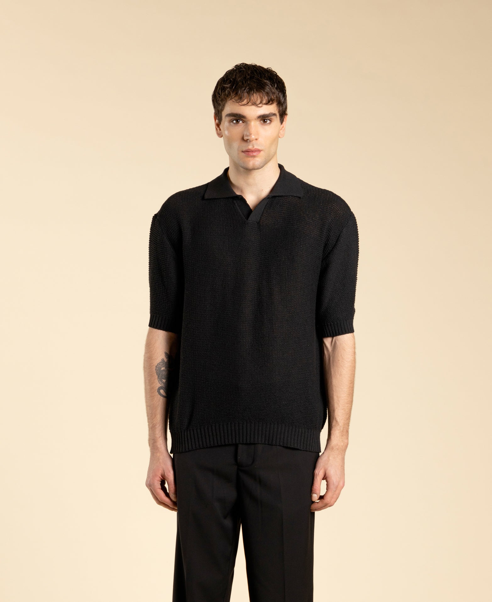 Regular-fit knitted polo shirt - Black