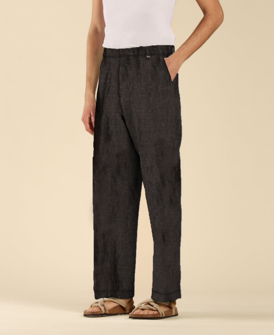 Pantalone fondo ampio in lino cotone - Nero