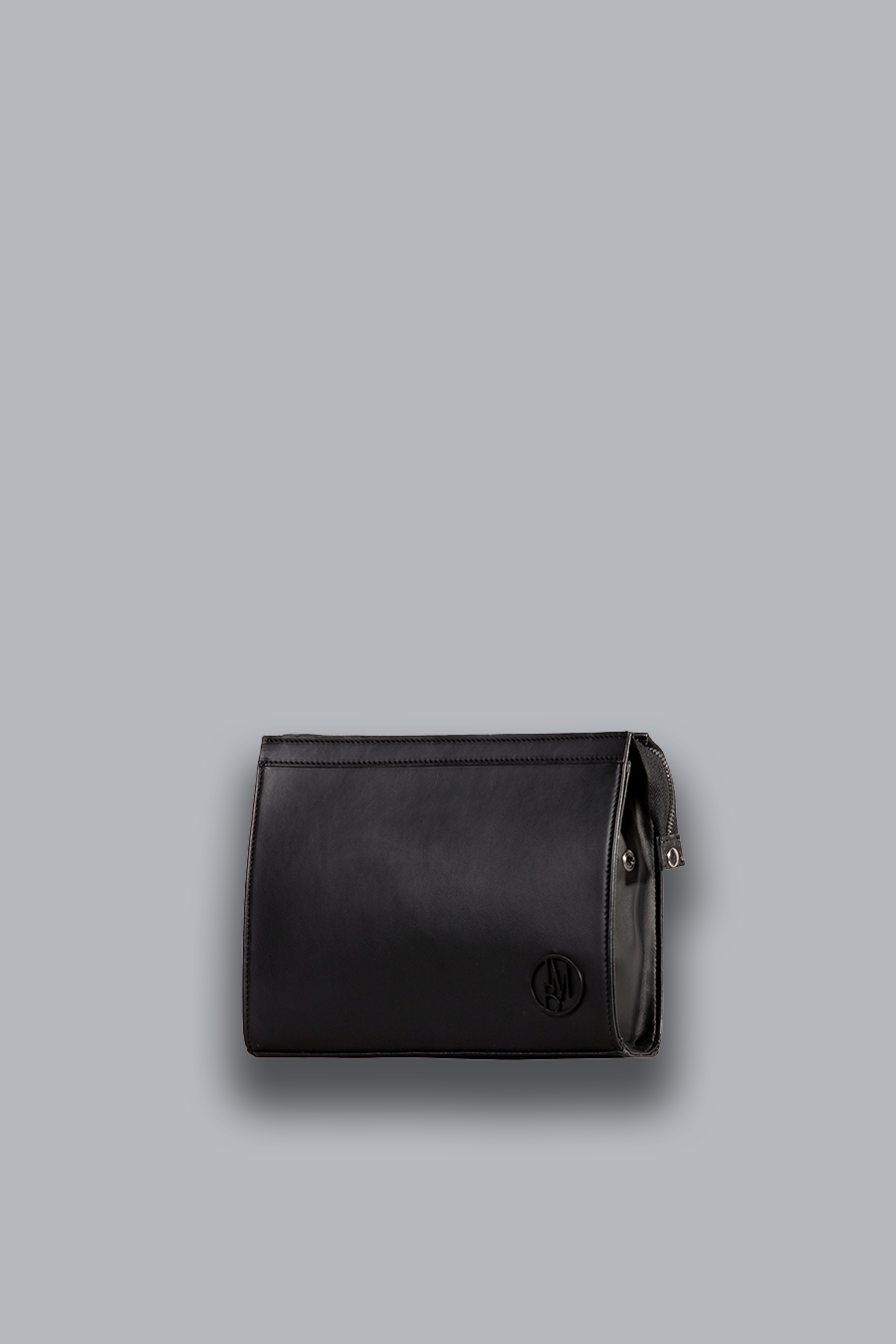 Faux leather clutch bag with matt black metal logo