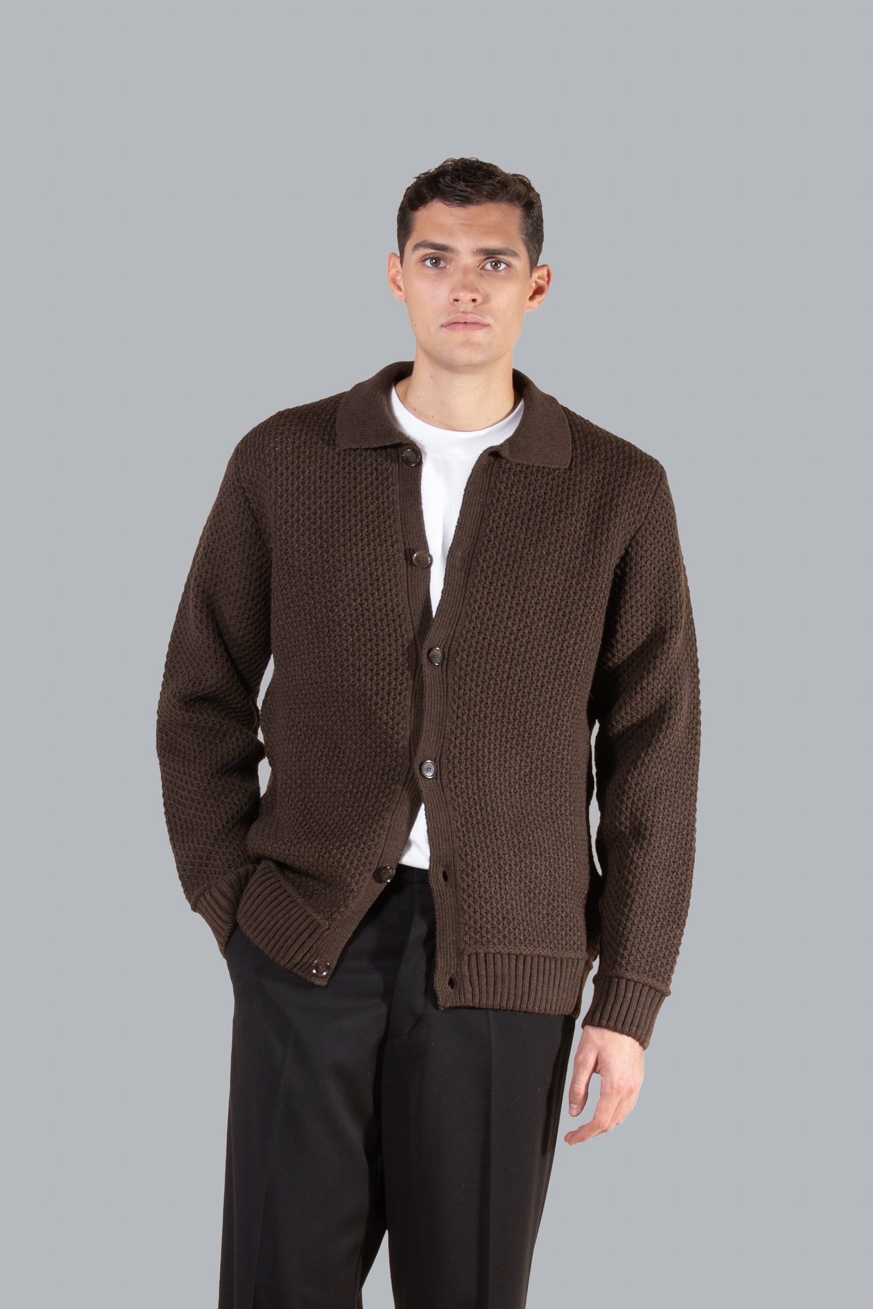 Cardigan a polo in misto lana - Moro
