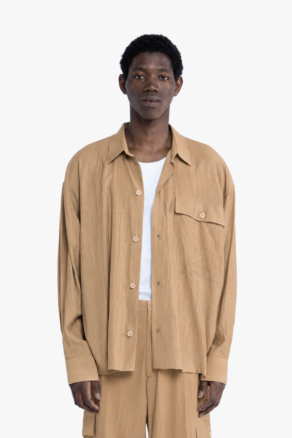 Camicia con tasca effetto stropicciato - Beige