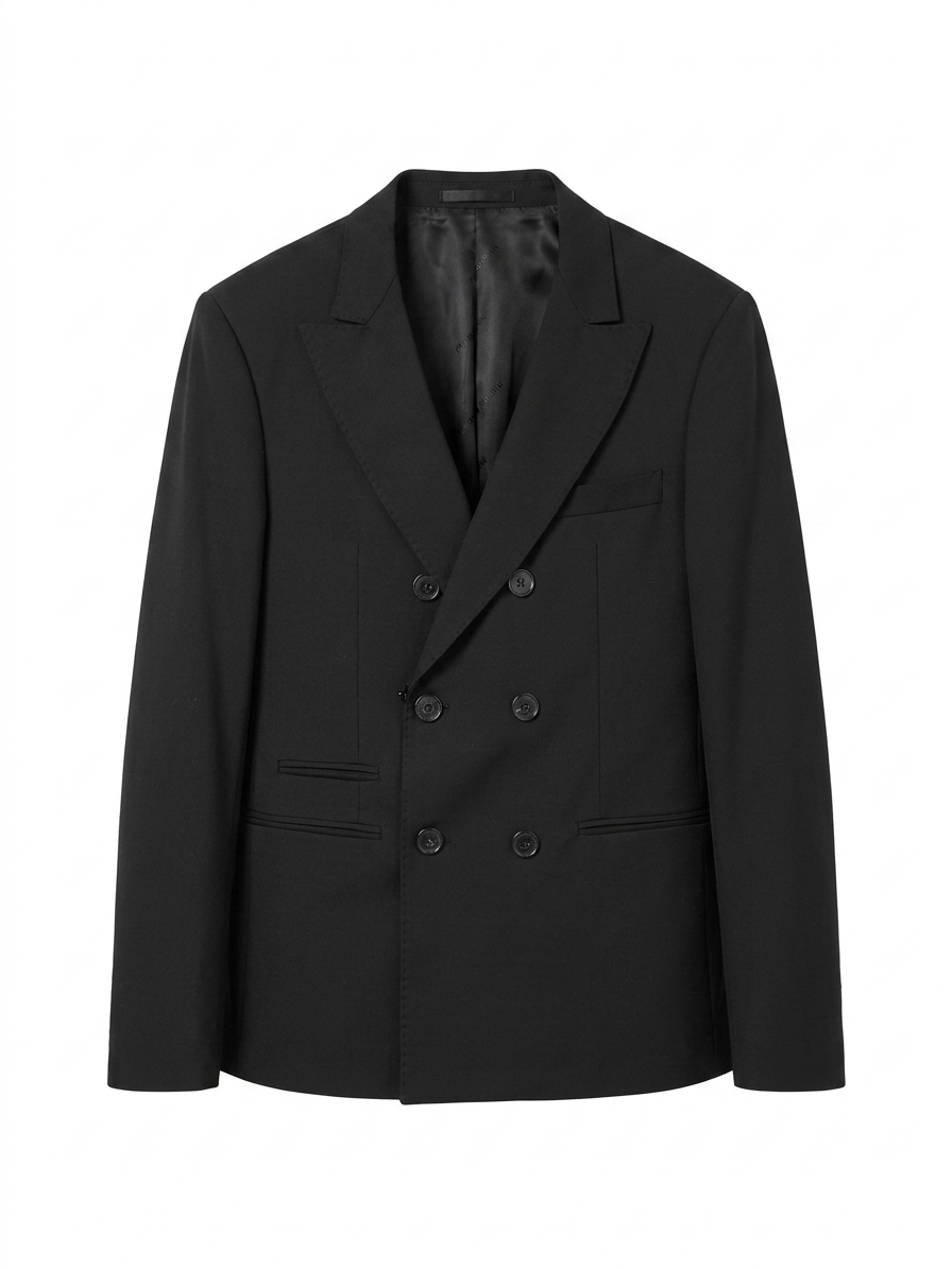 Double-breasted jacket with lapel collar in wool and tencel blend - Blue