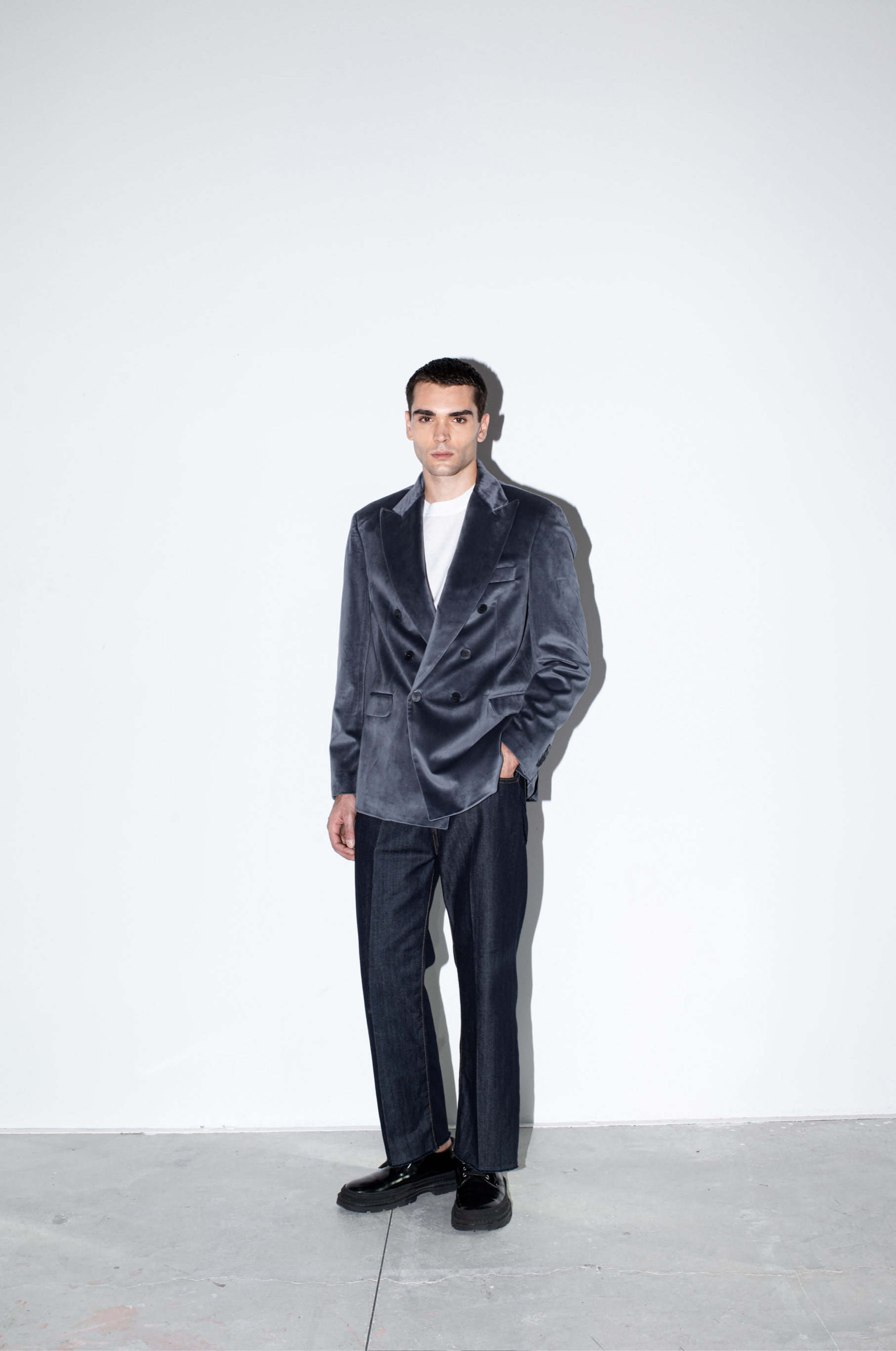 Smooth Velvet Double-Breasted Jacket - Grey