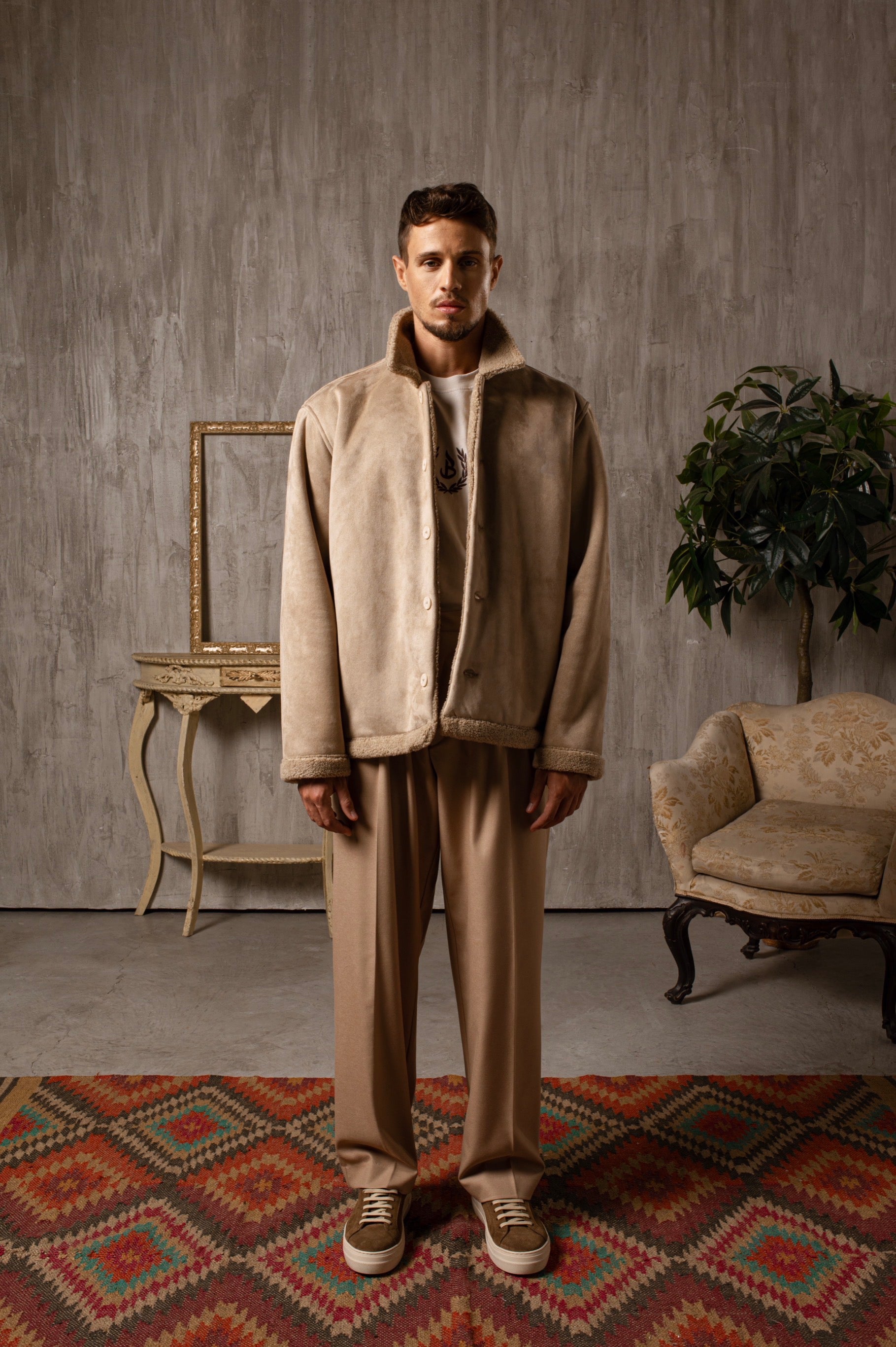 Sheepskin-effect wool blend jacket - Beige