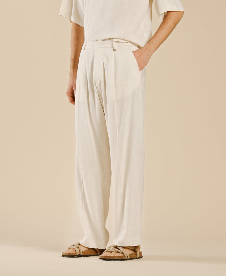 Pantalone in misto lino fondo ampio - Panna