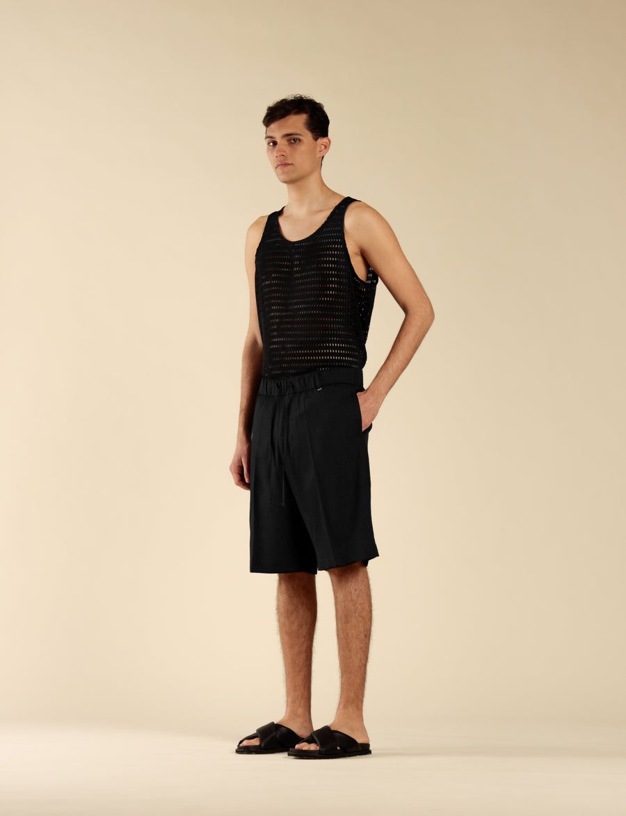 Bermuda in misto lino con coulisse - Nero