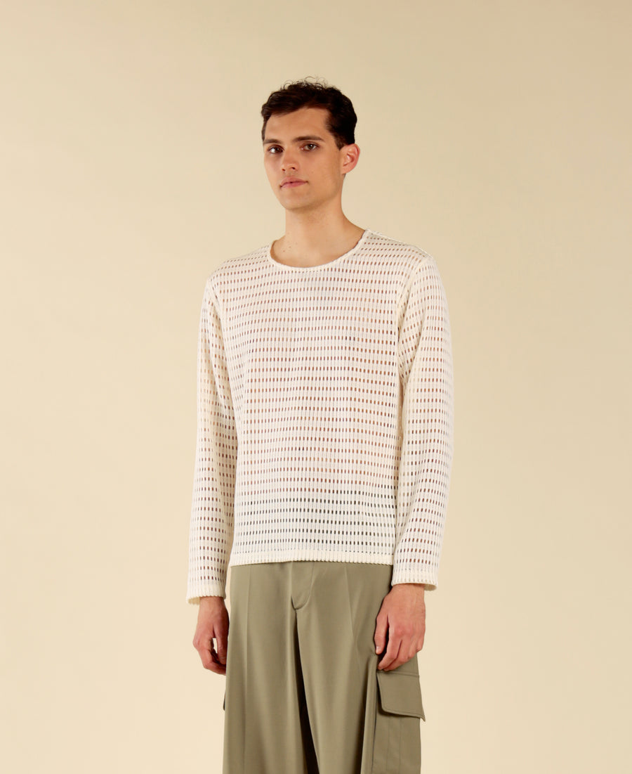 T-shirt in cotone a rete - Panna