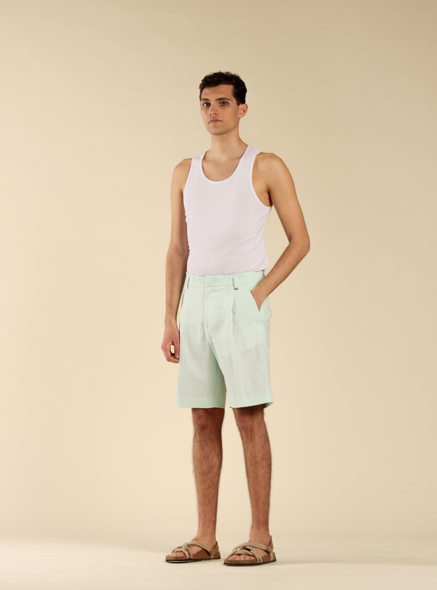 Bermuda in lino cotone con pinces - Verde