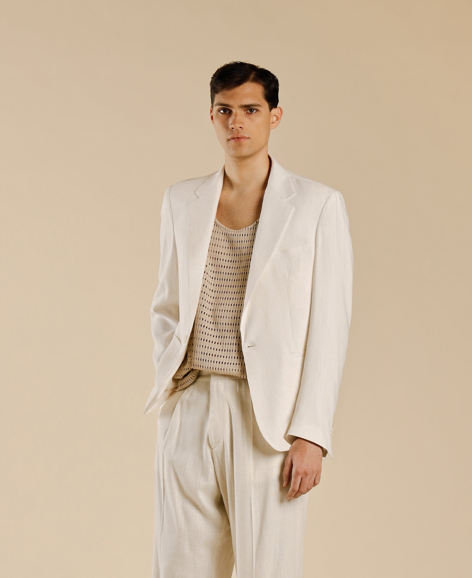 Single-breasted linen blend jacket - Cream
