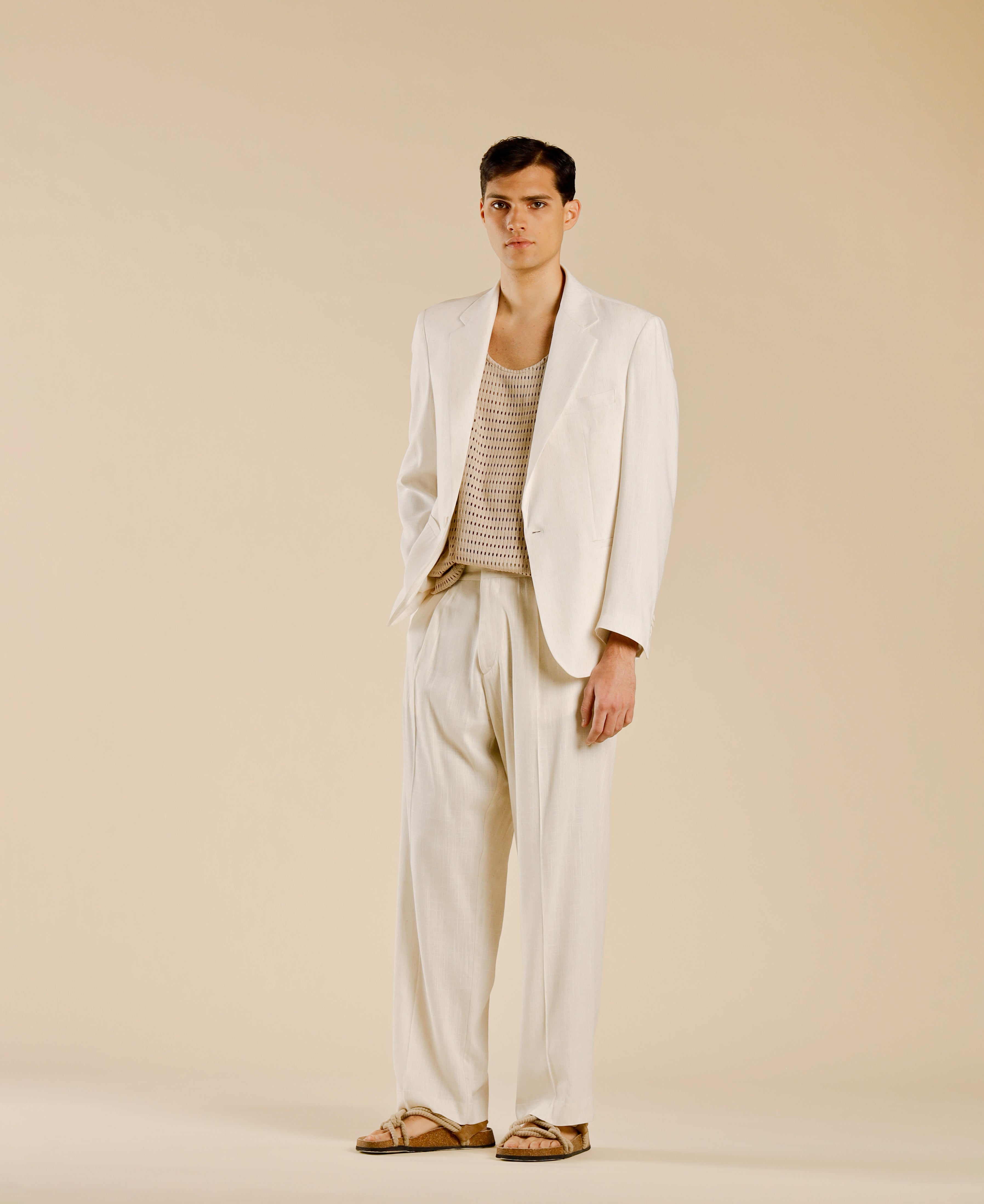 Single-breasted linen blend jacket - Cream