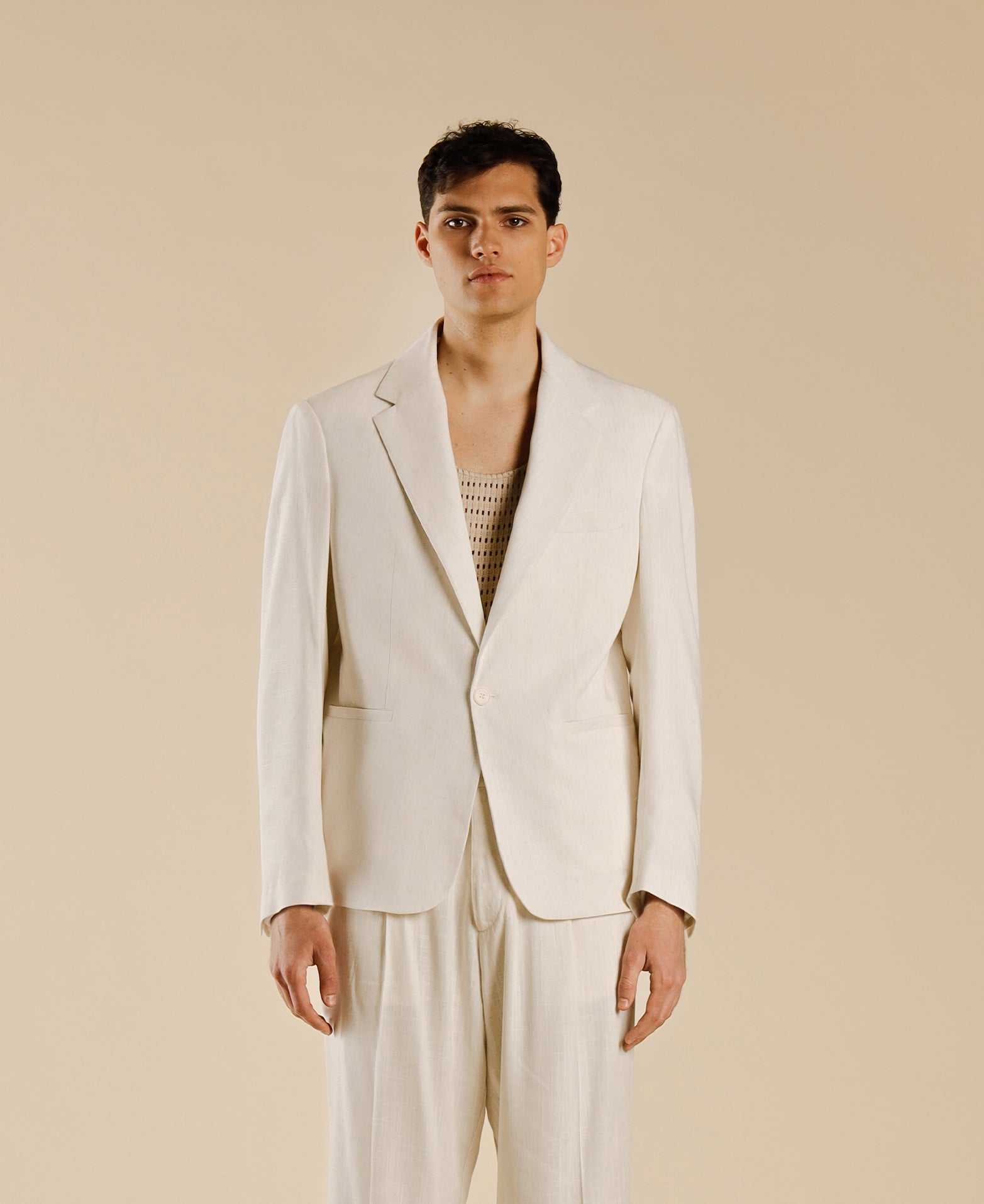 Single-breasted linen blend jacket - Cream