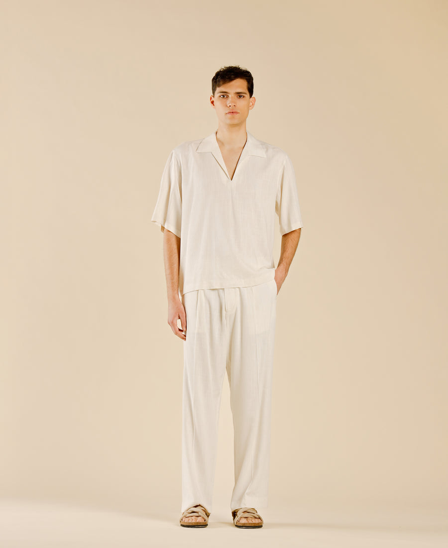 Pantalone in misto lino fondo ampio - Panna