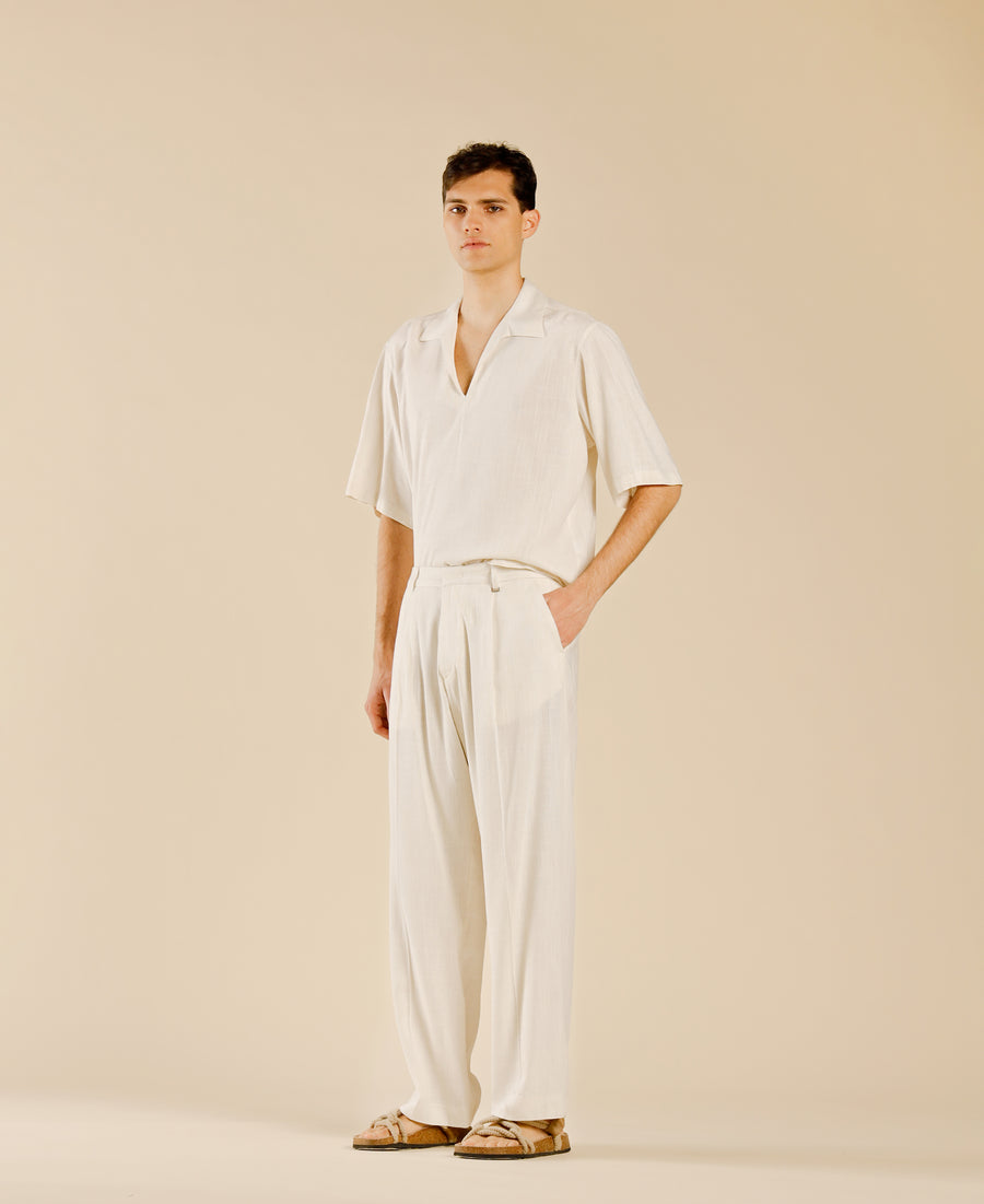 Pantalone in misto lino fondo ampio - Panna