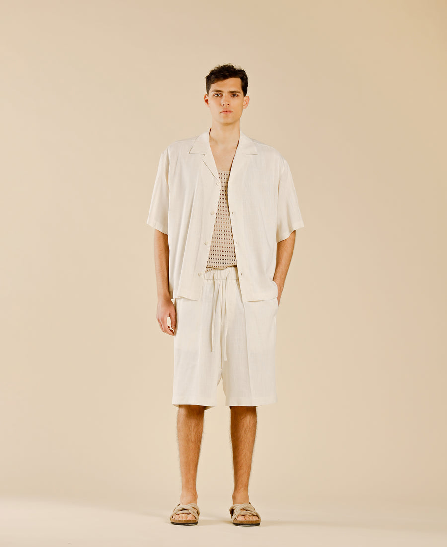 Bermuda in misto lino con coulisse - Panna