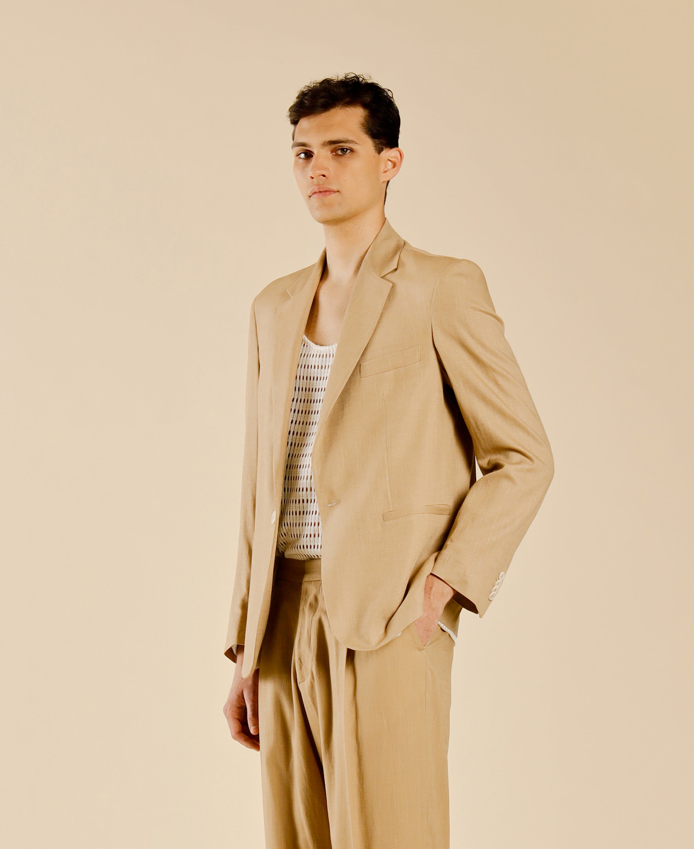 Single-Breasted Linen Blend Jacket - Beige