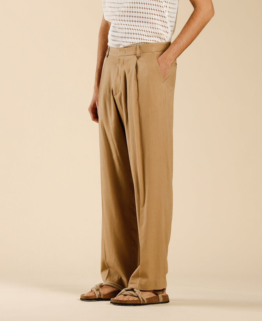 Pantalone in misto lino fondo ampio - Beige