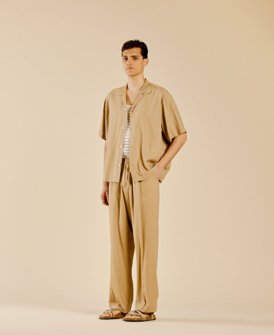 Pantalone in misto lino fondo ampio - Beige