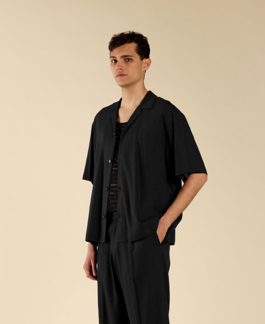 Camicia collo aperto in misto lino - Nero