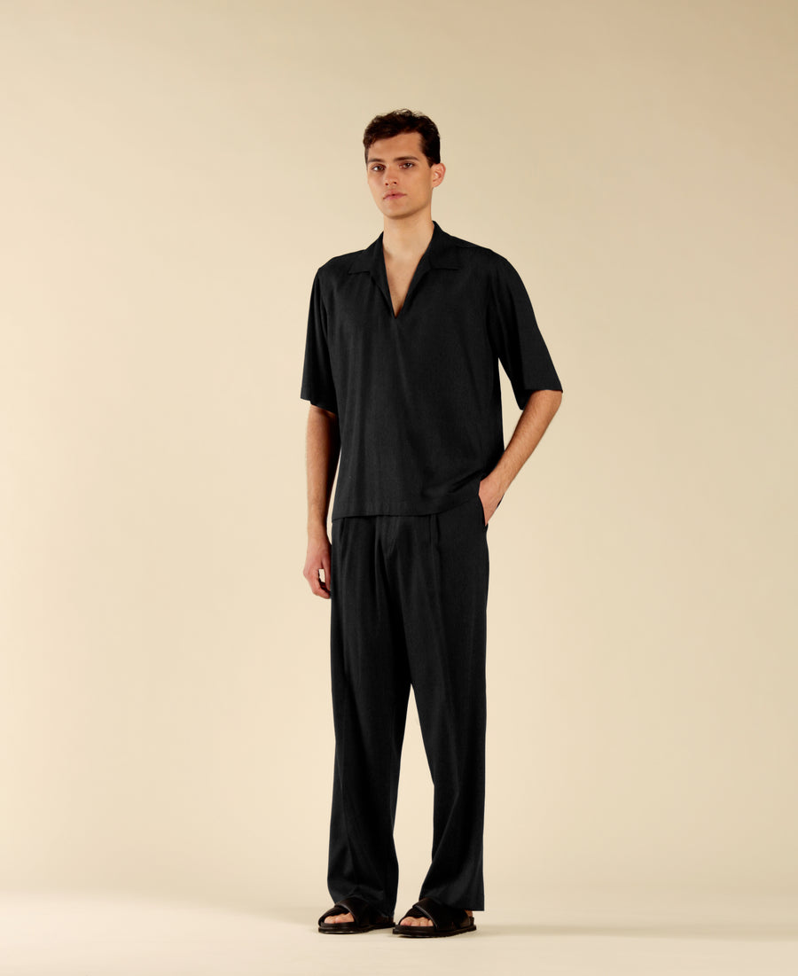 Polo camicia scollo a punta in misto lino - Nero