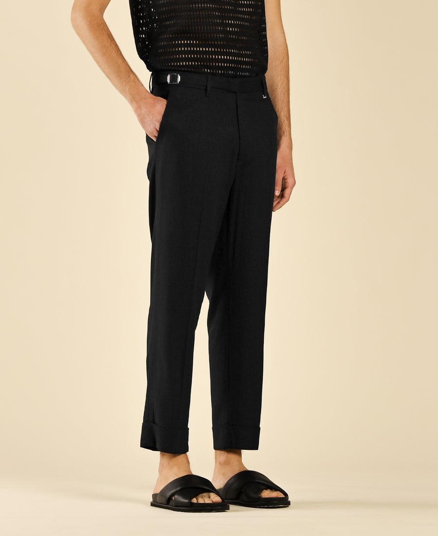 Pantalone regular con risvolto al fondo in misto lino - Nero