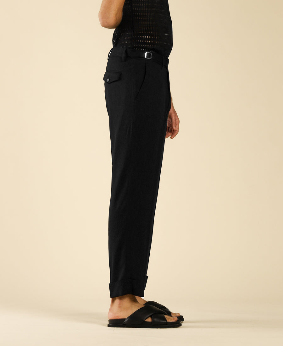 Pantalone regular con risvolto al fondo in misto lino - Nero