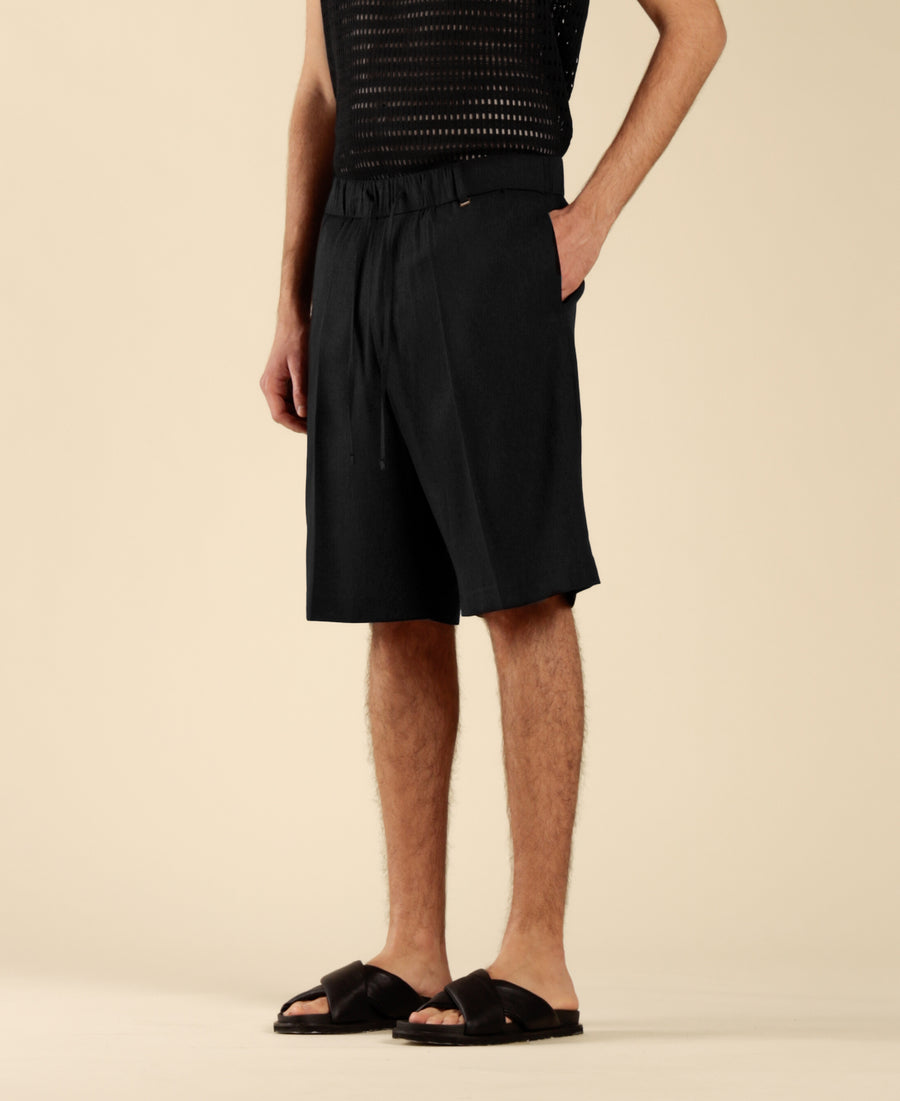 Bermuda in misto lino con coulisse - Nero