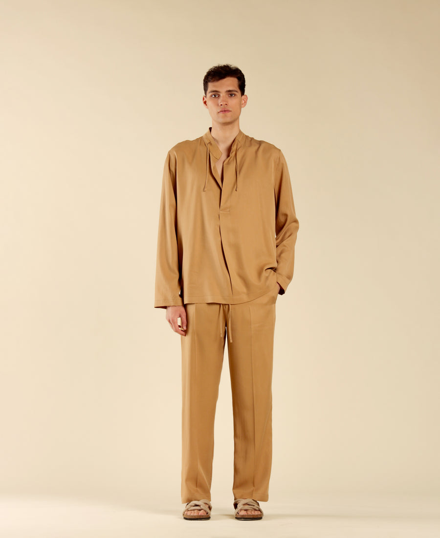 Camicia collo coreano manica lunga - Beige