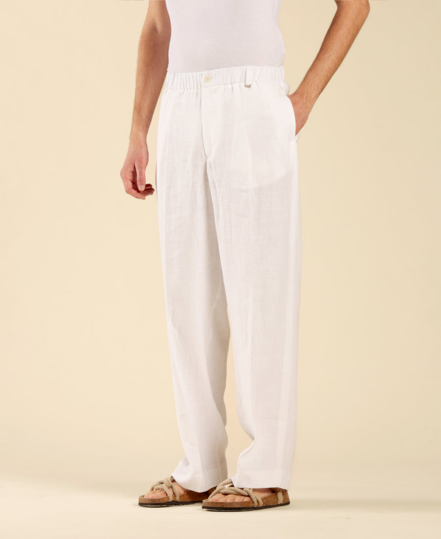 Pantalone fondo ampio in 100% lino - Bianco