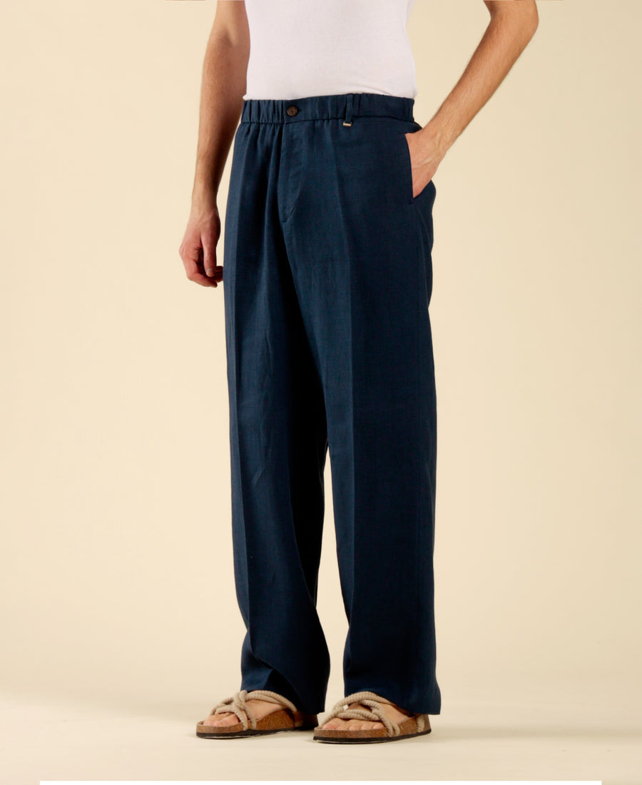 Pantalone fondo ampio in 100% lino - Blu
