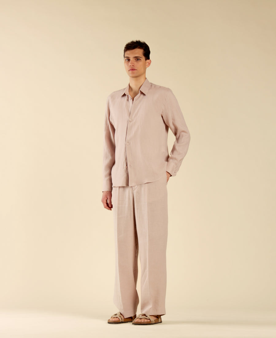Pantalone fondo ampio in 100% lino - Cipria