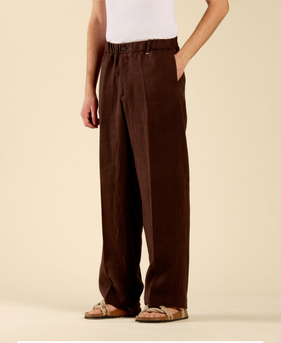 Pantalone fondo ampio in 100% lino - Moro