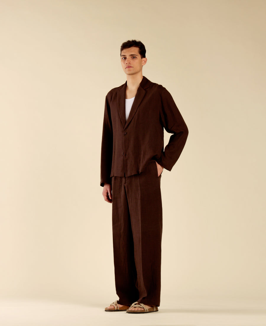 Pantalone fondo ampio in 100% lino - Moro
