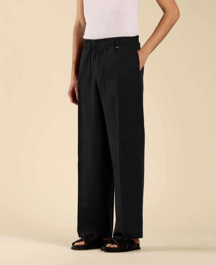 Pantalone fondo ampio in 100% lino - Nero