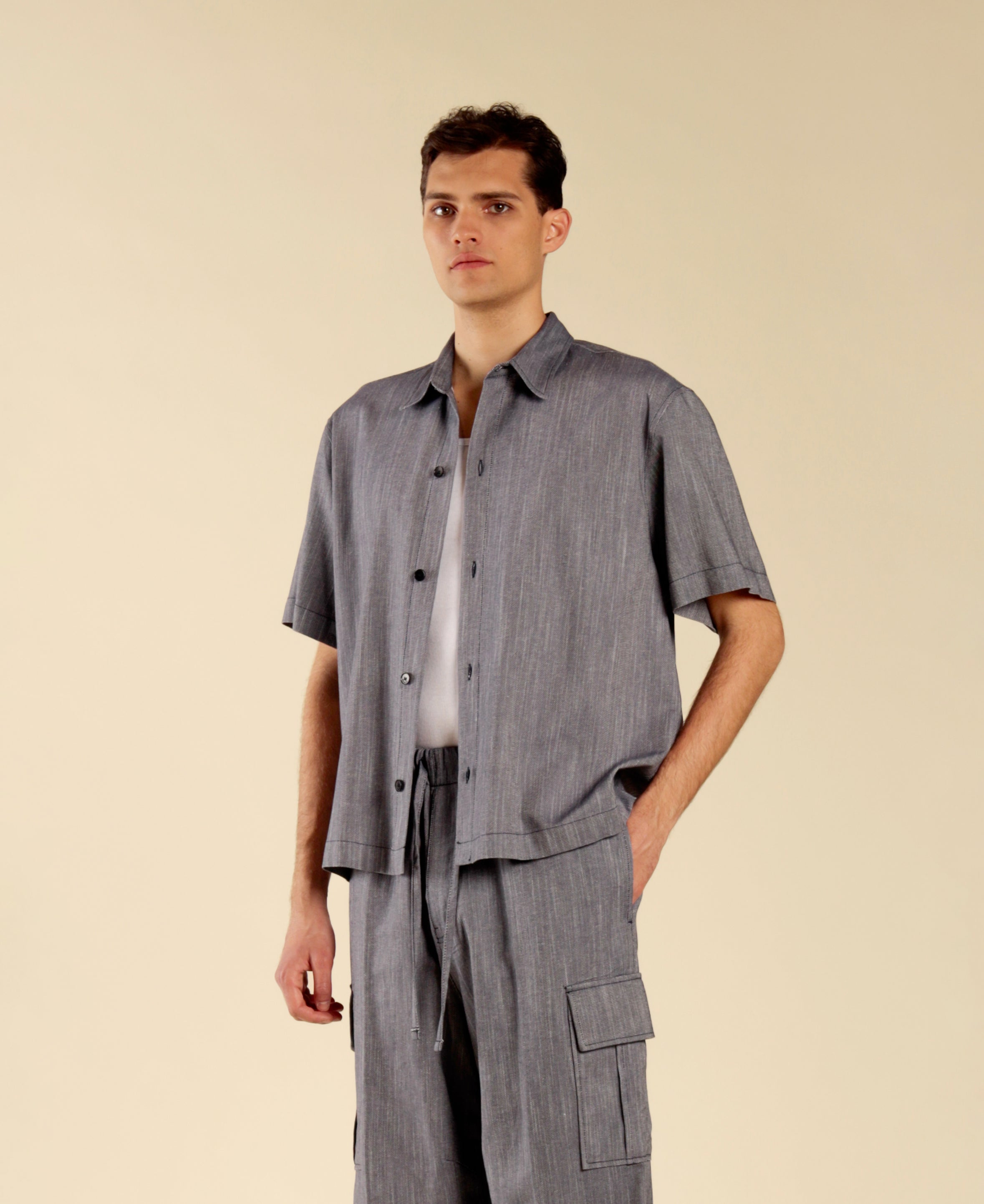 Denim-Effect Cotton Linen Shirt - Blue