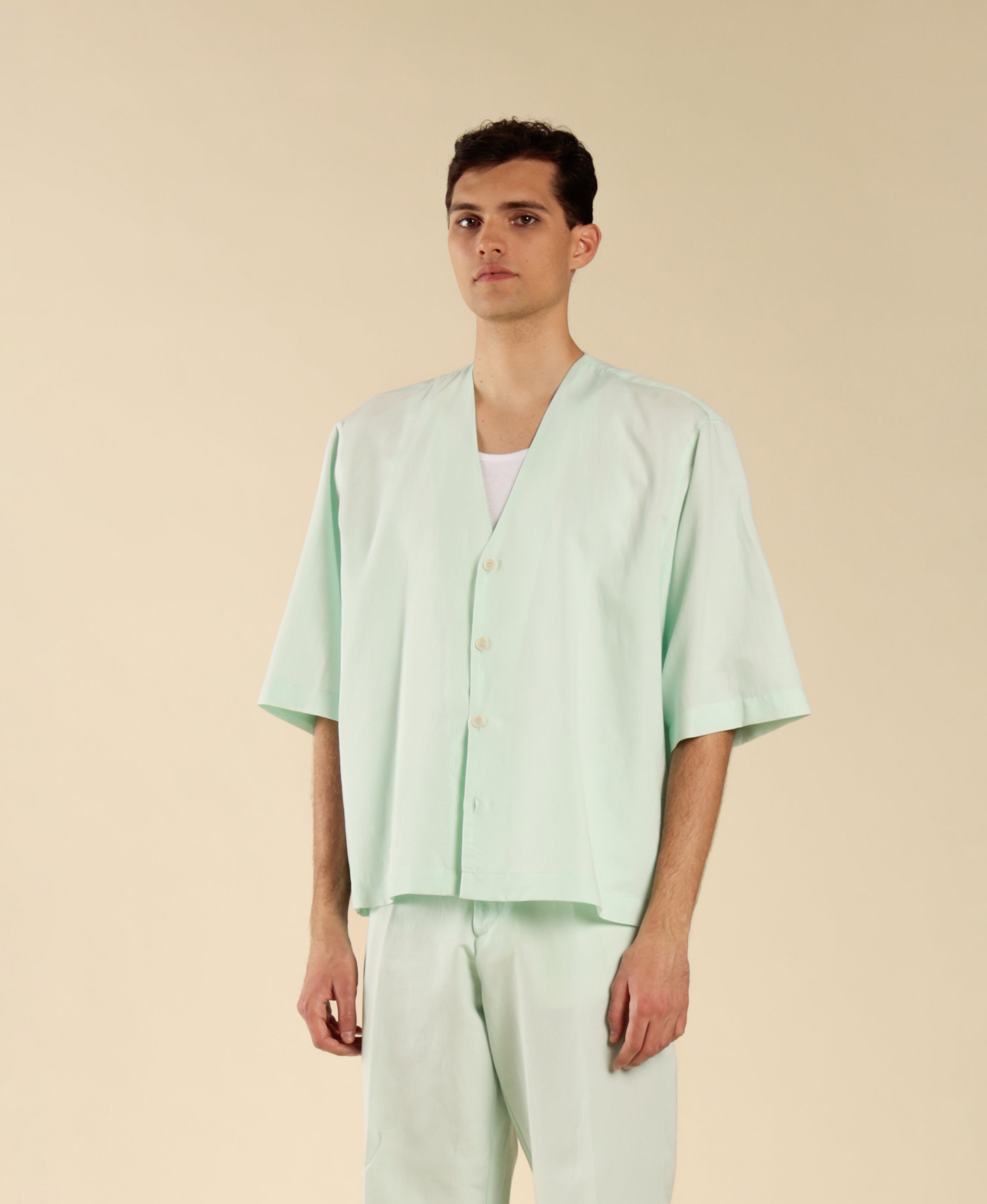 Elbow-sleeve shirt in cotton linen - Green