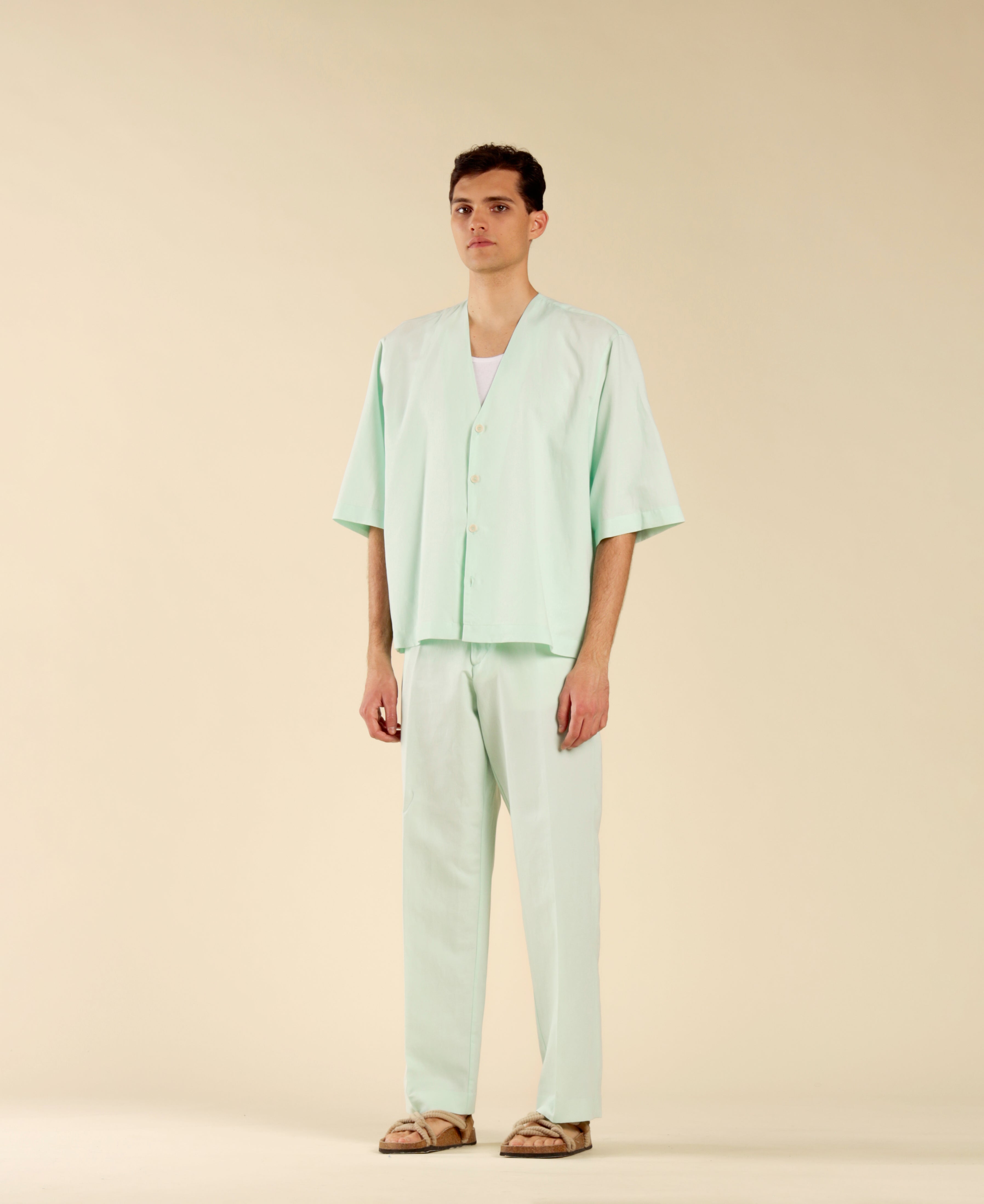 Wide-leg trousers in linen and cotton - Green