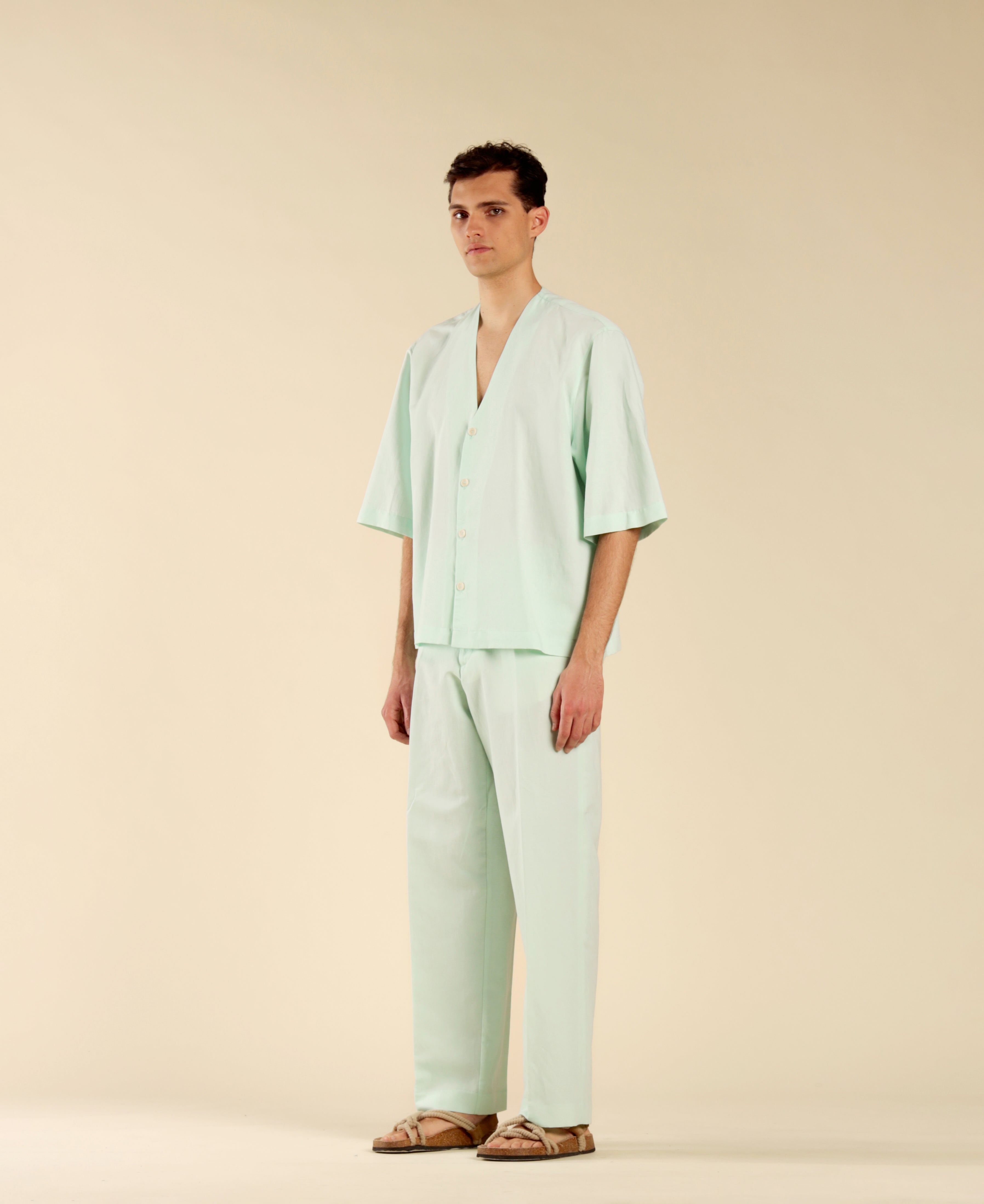 Wide-leg trousers in linen and cotton - Green