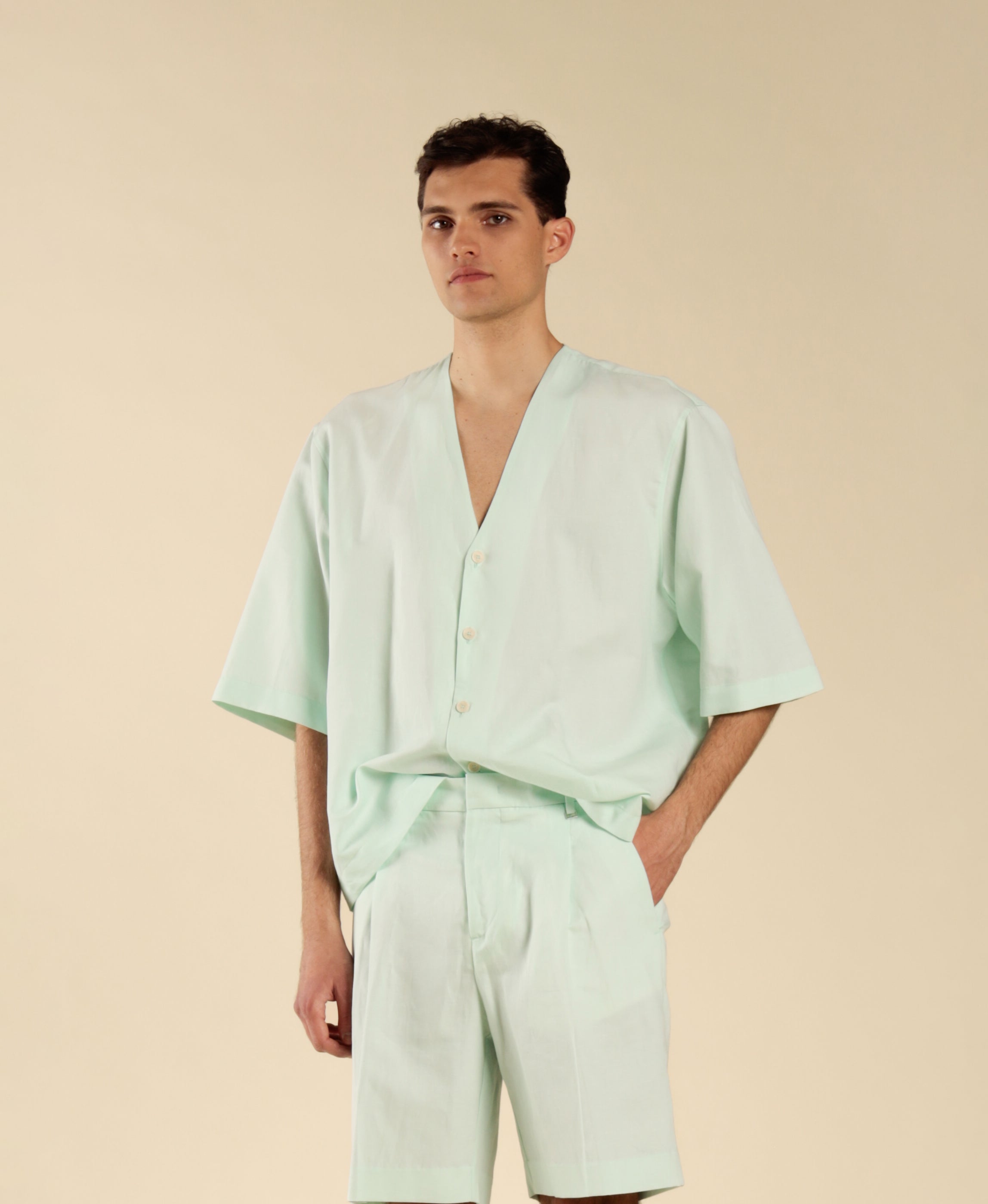 Elbow-sleeve shirt in cotton linen - Green