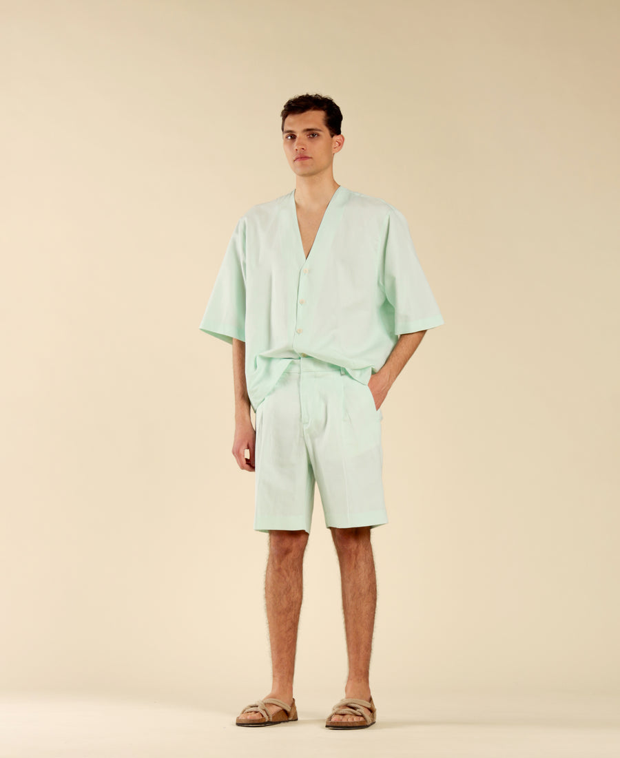 Camicia manica a gomito in lino cotone - Verde