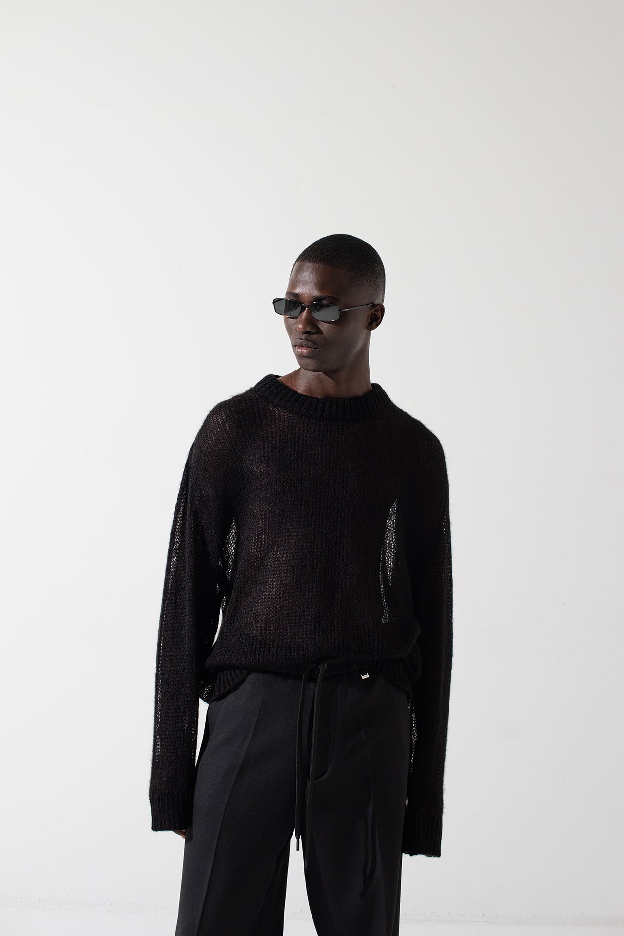 Oversized Perforated Wool Sweater - Black
