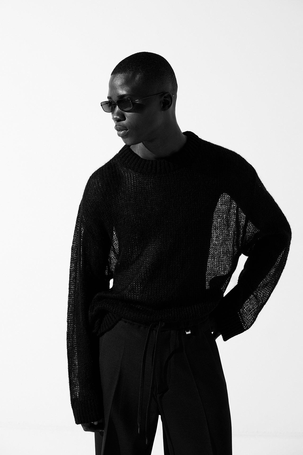 Oversized Perforated Wool Sweater - Black