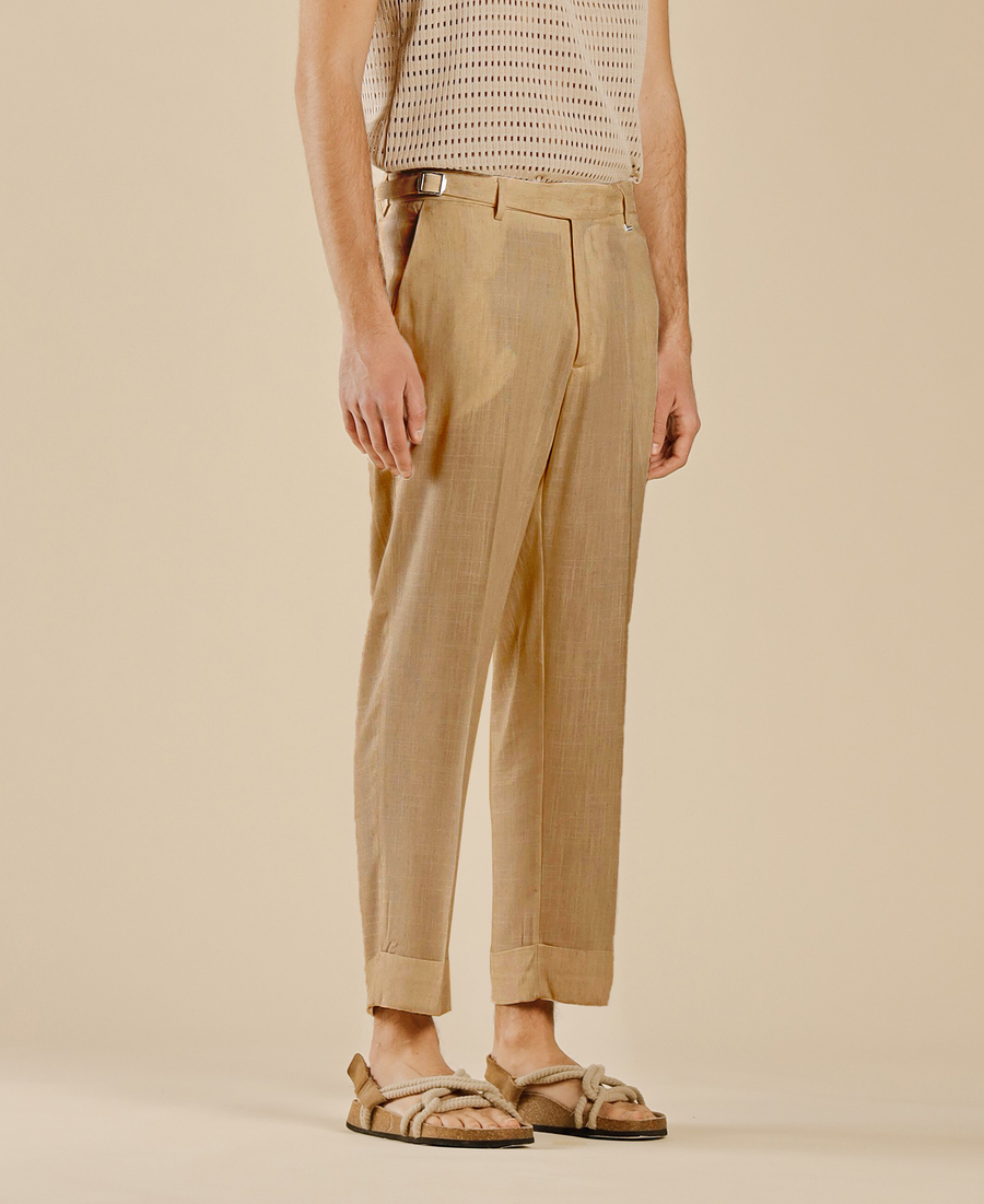 Pantalone regular risvolto al fondo in misto lino - Beige